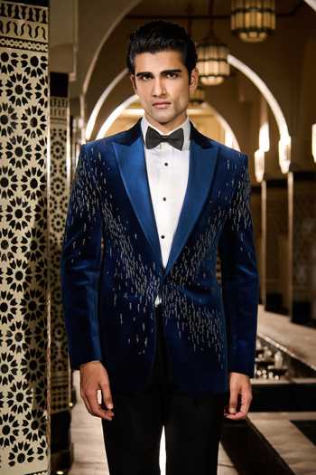 Buy Contrast By Parth Blue Velvet Stellar Embroidered Tuxedo Set Online at Aza Fashions Buy_Contrast By Parth_Blue Velvet Stellar Embroidered Tuxedo Set _Online_at_Aza_Fashions