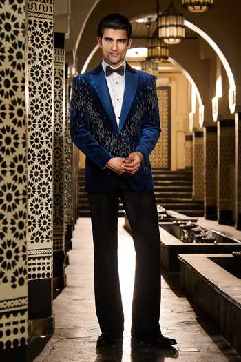 Shop Contrast By Parth Blue Velvet Stellar Embroidered Tuxedo Set Online at Aza Fashions Shop_Contrast By Parth_Blue Velvet Stellar Embroidered Tuxedo Set _Online_at_Aza_Fashions