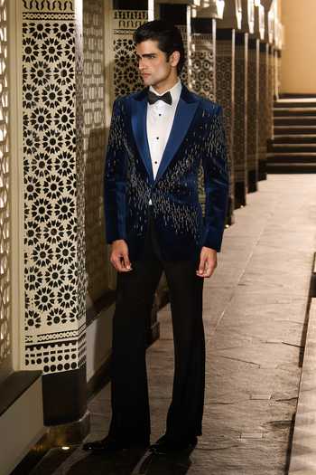 Contrast By Parth Blue Velvet Stellar Embroidered Tuxedo Set at Aza Fashions Contrast By Parth_Blue Velvet Stellar Embroidered Tuxedo Set _at_Aza_Fashions