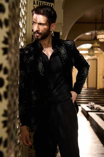 Contrast By Parth Black Velvet Stones, Crystals Nebula Embroidered Tuxedo Set Online at Aza Fashions Contrast By Parth_Black Velvet Stones, Crystals Nebula Embroidered Tuxedo Set _Online_at_Aza_Fashions