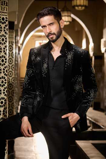 Shop Contrast By Parth Black Velvet Stones, Crystals Nebula Embroidered Tuxedo Set Online at Aza Fashions Shop_Contrast By Parth_Black Velvet Stones, Crystals Nebula Embroidered Tuxedo Set _Online_at_Aza_Fashions