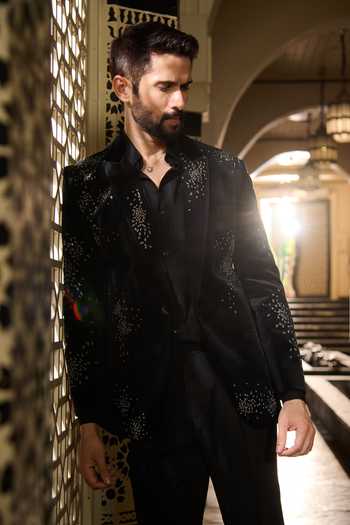 Contrast By Parth Black Velvet Stones, Crystals Nebula Embroidered Tuxedo Set at Aza Fashions Contrast By Parth_Black Velvet Stones, Crystals Nebula Embroidered Tuxedo Set _at_Aza_Fashions