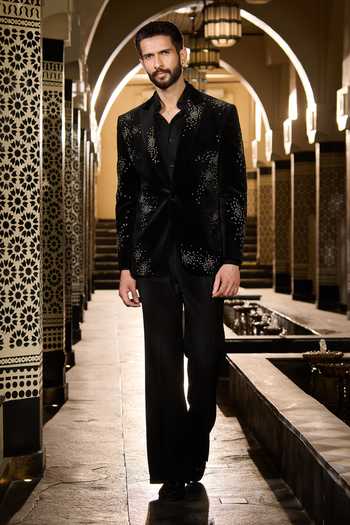 Shop Contrast By Parth Black Velvet Stones, Crystals Nebula Embroidered Tuxedo Set Shop_Contrast By Parth_Black Velvet Stones, Crystals Nebula Embroidered Tuxedo Set