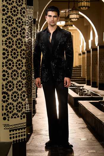 Shop Contrast By Parth Black Velvet Crystals Zenith Embroidered Tuxedo Set Shop_Contrast By Parth_Black Velvet Crystals Zenith Embroidered Tuxedo Set