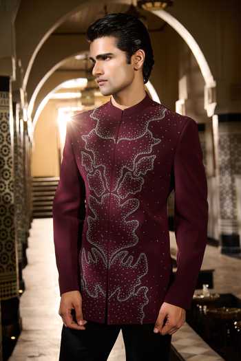 Contrast By Parth Burgundy Lycra, Suiting Beads, Crystals Garnet Embroidered Bandhgala Set Online at Aza Fashions Contrast By Parth_Burgundy Lycra, Suiting Beads, Crystals Garnet Embroidered Bandhgala Set _Online_at_Aza_Fashions