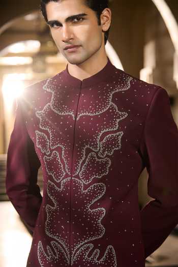 Buy Contrast By Parth Burgundy Lycra, Suiting Beads, Crystals Garnet Embroidered Bandhgala Set Online at Aza Fashions Buy_Contrast By Parth_Burgundy Lycra, Suiting Beads, Crystals Garnet Embroidered Bandhgala Set _Online_at_Aza_Fashions