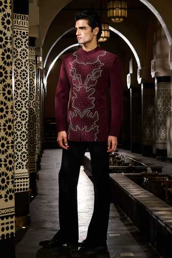 Contrast By Parth Garnet Embroidered Bandhgala Set 