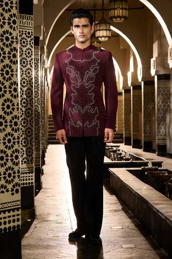 Shop Contrast By Parth Burgundy Lycra, Suiting Beads, Crystals Garnet Embroidered Bandhgala Set Online at Aza Fashions Shop_Contrast By Parth_Burgundy Lycra, Suiting Beads, Crystals Garnet Embroidered Bandhgala Set _Online_at_Aza_Fashions