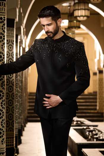 Buy Contrast By Parth Black Lycra, Suiting Sequins, Crystals Obsidian Embroidered Bandhgala Set Online at Aza Fashions Buy_Contrast By Parth_Black Lycra, Suiting Sequins, Crystals Obsidian Embroidered Bandhgala Set _Online_at_Aza_Fashions