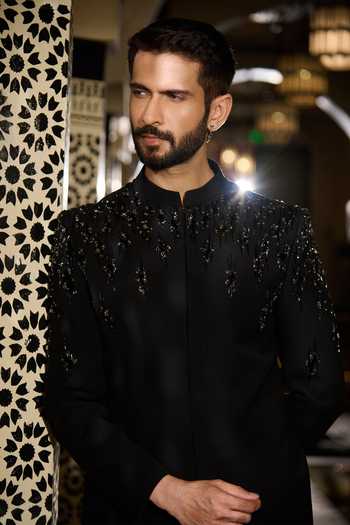 Shop Contrast By Parth Black Lycra, Suiting Sequins, Crystals Obsidian Embroidered Bandhgala Set Online at Aza Fashions Shop_Contrast By Parth_Black Lycra, Suiting Sequins, Crystals Obsidian Embroidered Bandhgala Set _Online_at_Aza_Fashions