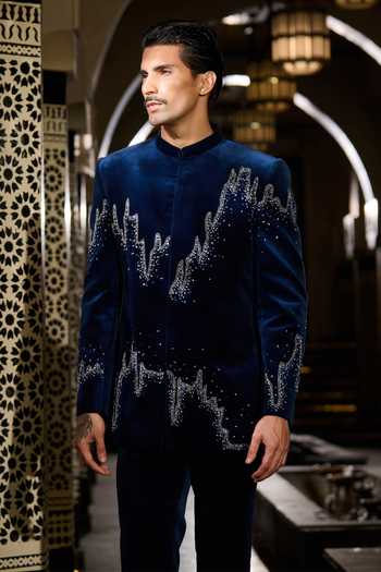 Contrast By Parth Blue Velvet Crystals Tide Embroidered Bandhgala Set Online at Aza Fashions Contrast By Parth_Blue Velvet Crystals Tide Embroidered Bandhgala Set _Online_at_Aza_Fashions