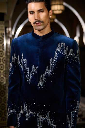 Buy Contrast By Parth Blue Velvet Crystals Tide Embroidered Bandhgala Set Online at Aza Fashions Buy_Contrast By Parth_Blue Velvet Crystals Tide Embroidered Bandhgala Set _Online_at_Aza_Fashions