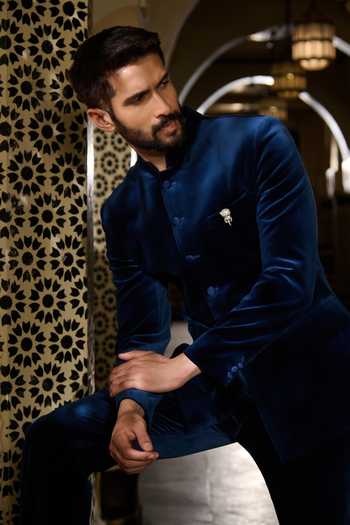 Contrast By Parth Blue Velvet Brooches Vault Embroidered Bandhgala Set Online at Aza Fashions Contrast By Parth_Blue Velvet Brooches Vault Embroidered Bandhgala Set _Online_at_Aza_Fashions