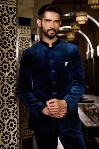 Buy Contrast By Parth Blue Velvet Brooches Vault Embroidered Bandhgala Set Online at Aza Fashions Buy_Contrast By Parth_Blue Velvet Brooches Vault Embroidered Bandhgala Set _Online_at_Aza_Fashions