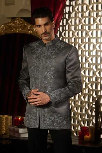 Contrast By Parth Grey Jacquard Zari Sterling Embroidered Bandhgala Set Online at Aza Fashions Contrast By Parth_Grey Jacquard Zari Sterling Embroidered Bandhgala Set _Online_at_Aza_Fashions