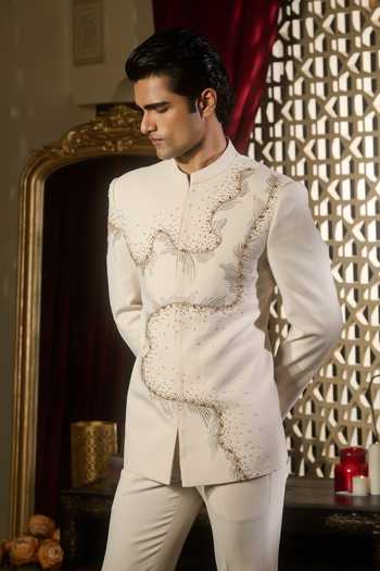Contrast By Parth Ivory Lycra, Twill, Suiting Embroidery, Pearls, Zari Bandhgala Set Online at Aza Fashions Contrast By Parth_Ivory Lycra, Twill, Suiting Embroidery, Pearls, Zari Bandhgala Set _Online_at_Aza_Fashions