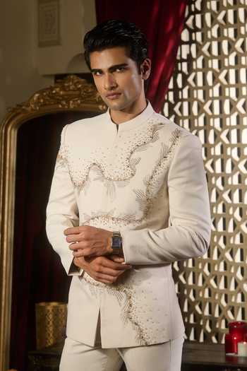 Buy Contrast By Parth Ivory Lycra, Twill, Suiting Embroidery, Pearls, Zari Bandhgala Set Online at Aza Fashions Buy_Contrast By Parth_Ivory Lycra, Twill, Suiting Embroidery, Pearls, Zari Bandhgala Set _Online_at_Aza_Fashions