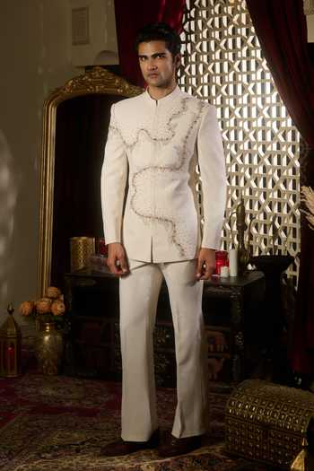 Contrast By Parth Ivory Embroidered Bandhgala Set 