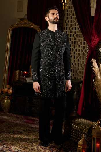 Buy_Contrast By Parth_Black Lycra Phantom Embroidered Sherwani Set _Online_at_Aza_Fashions
