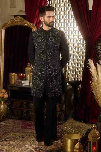 Buy_Contrast By Parth_Black Lycra Phantom Embroidered Sherwani Set 