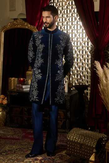 Buy Contrast By Parth Blue Velvet Reign Embroidered Sherwani Set Online at Aza Fashions Buy_Contrast By Parth_Blue Velvet Reign Embroidered Sherwani Set _Online_at_Aza_Fashions