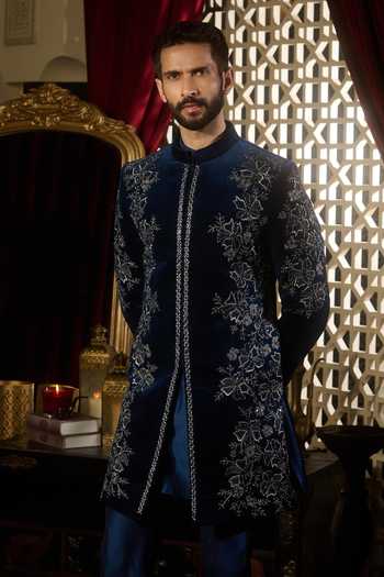 Shop Contrast By Parth Blue Velvet Reign Embroidered Sherwani Set Online at Aza Fashions Shop_Contrast By Parth_Blue Velvet Reign Embroidered Sherwani Set _Online_at_Aza_Fashions