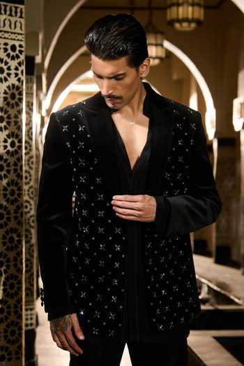 Shop_Contrast By Parth_Black Velvet Cipher Embroidered Short Jacket Set _Online_at_Aza_Fashions