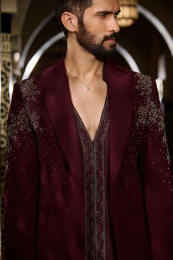 Shop Contrast By Parth Burgundy Lycra Garnet Short Jacket And Kurta Set Online at Aza Fashions Shop_Contrast By Parth_Burgundy Lycra Garnet Short Jacket And Kurta Set _Online_at_Aza_Fashions