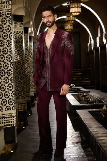 Contrast By Parth Burgundy Lycra Garnet Short Jacket And Kurta Set at Aza Fashions Contrast By Parth_Burgundy Lycra Garnet Short Jacket And Kurta Set _at_Aza_Fashions
