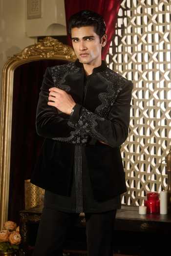 Contrast By Parth Black Velvet Shadow Embroidered Jacket And Kurta Set Online at Aza Fashions Contrast By Parth_Black Velvet Shadow Embroidered Jacket And Kurta Set _Online_at_Aza_Fashions