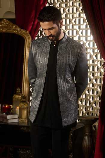 Buy Contrast By Parth Grey Jacquard Apex Short Jacket Set Online at Aza Fashions Buy_Contrast By Parth_Grey Jacquard Apex Short Jacket Set _Online_at_Aza_Fashions