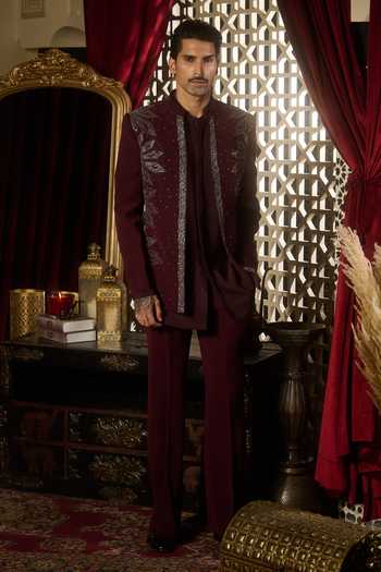 Shop Contrast By Parth Burgundy Lycra, Suiting Ember Embroidered Short Jacket Set Online at Aza Fashions Shop_Contrast By Parth_Burgundy Lycra, Suiting Ember Embroidered Short Jacket Set _Online_at_Aza_Fashions