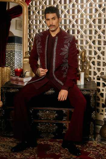 Buy Contrast By Parth Burgundy Lycra, Suiting Ember Embroidered Short Jacket Set Buy_Contrast By Parth_Burgundy Lycra, Suiting Ember Embroidered Short Jacket Set
