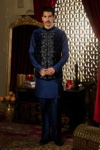 Contrast By Parth Blue Velvet Prism Embroidered Nehru Jacket And Kurta Set Online at Aza Fashions Contrast By Parth_Blue Velvet Prism Embroidered Nehru Jacket And Kurta Set _Online_at_Aza_Fashions