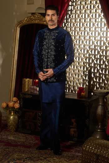 Buy Contrast By Parth Blue Velvet Prism Embroidered Nehru Jacket And Kurta Set Online at Aza Fashions Buy_Contrast By Parth_Blue Velvet Prism Embroidered Nehru Jacket And Kurta Set _Online_at_Aza_Fashions