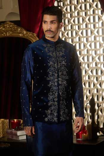 Shop Contrast By Parth Blue Velvet Prism Embroidered Nehru Jacket And Kurta Set Online at Aza Fashions Shop_Contrast By Parth_Blue Velvet Prism Embroidered Nehru Jacket And Kurta Set _Online_at_Aza_Fashions