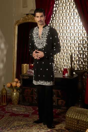 Shop Contrast By Parth Black Silk Frost Floral Embroidered Kurta Set Online at Aza Fashions Shop_Contrast By Parth_Black Silk Frost Floral Embroidered Kurta Set _Online_at_Aza_Fashions