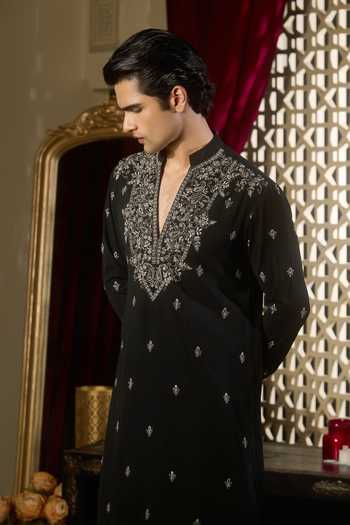 Contrast By Parth Black Silk Crest Embroidered Kurta Set Online at Aza Fashions Contrast By Parth_Black Silk Crest Embroidered Kurta Set _Online_at_Aza_Fashions