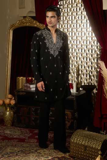 Shop Contrast By Parth Black Silk Crest Embroidered Kurta Set Online at Aza Fashions Shop_Contrast By Parth_Black Silk Crest Embroidered Kurta Set _Online_at_Aza_Fashions