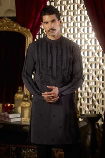 Contrast By Parth Grey Silk Dim Embroidered Kurta Set Online at Aza Fashions Contrast By Parth_Grey Silk Dim Embroidered Kurta Set _Online_at_Aza_Fashions