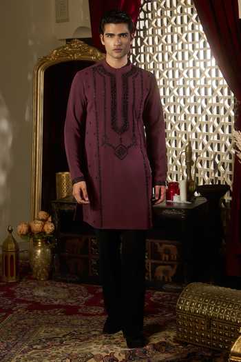 Shop Contrast By Parth Burgundy Silk Ember Embroidered Kurta Set Online at Aza Fashions Shop_Contrast By Parth_Burgundy Silk Ember Embroidered Kurta Set _Online_at_Aza_Fashions