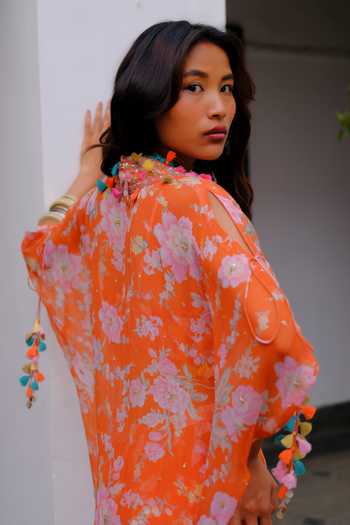 Buy_Aangan By Parul_Orange Silk, Chiffon V-neck Vivienne Flow Printed Kaftan Set _Online_at_Aza_Fashions