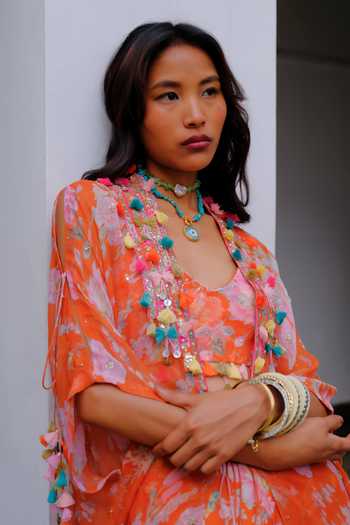 Shop_Aangan By Parul_Orange Silk, Chiffon V-neck Vivienne Flow Printed Kaftan Set _Online_at_Aza_Fashions