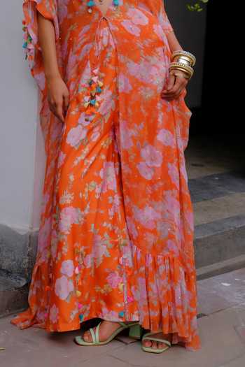 Aangan By Parul_Orange Silk, Chiffon V-neck Vivienne Flow Printed Kaftan Set _at_Aza_Fashions