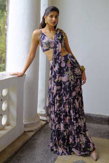 Aangan By Parul Lumiere Printed Pre-Draped Saree With Blouse 