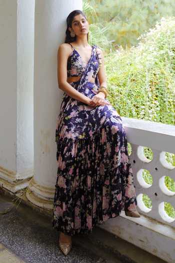 Buy Aangan By Parul Blue Silk, Chiffon V-neck, Bandeau Lumiere Printed Pre-draped Saree With Blouse Online at Aza Fashions Buy_Aangan By Parul_Blue Silk, Chiffon V-neck, Bandeau Lumiere Printed Pre-draped Saree With Blouse _Online_at_Aza_Fashions