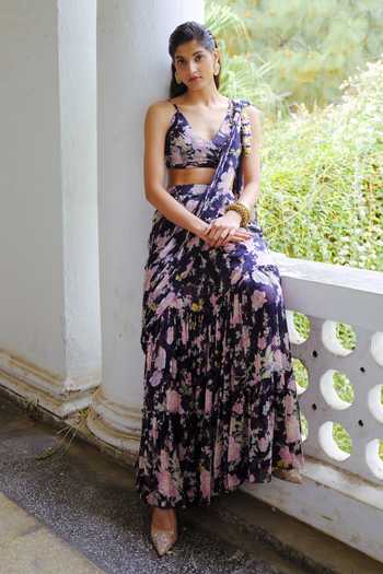 Shop Aangan By Parul Blue Silk, Chiffon V-neck, Bandeau Lumiere Printed Pre-draped Saree With Blouse Online at Aza Fashions Shop_Aangan By Parul_Blue Silk, Chiffon V-neck, Bandeau Lumiere Printed Pre-draped Saree With Blouse _Online_at_Aza_Fashions