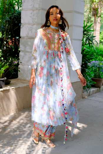 Buy_Aangan By Parul_Sky Blue Silk, Chiffon Round Neck, Yes Cloudburst Printed Kurta And Pant Set _Online_at_Aza_Fashions