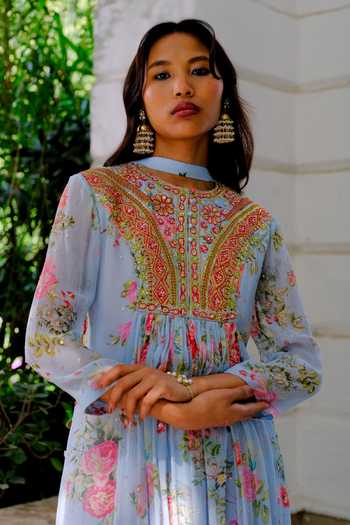Shop_Aangan By Parul_Sky Blue Silk, Chiffon Round Neck, Yes Cloudburst Printed Kurta And Pant Set _Online_at_Aza_Fashions