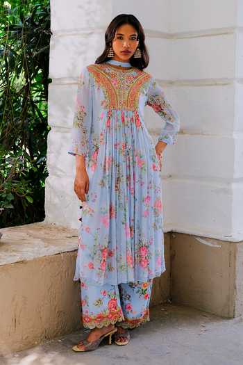 Buy_Aangan By Parul_Sky Blue Silk, Chiffon Round Neck, Yes Cloudburst Printed Kurta And Pant Set 
